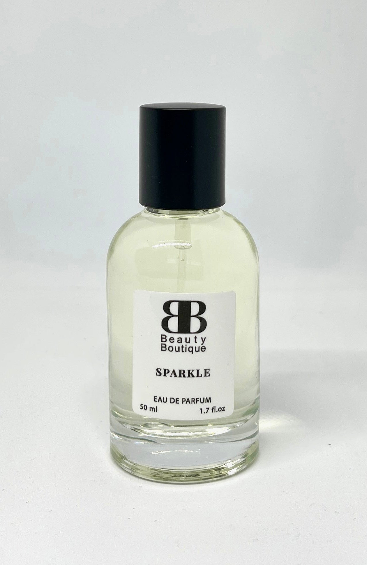 Perfume bottle labeled 'Sparkle' from Beauty Boutique on a white background,A distinctive fragrance composed of white musk and refreshing summer fruits