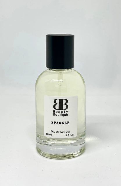 Perfume bottle labeled 'Sparkle' from Beauty Boutique on a white background,A distinctive fragrance composed of white musk and refreshing summer fruits