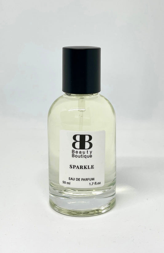 Perfume bottle labeled 'Sparkle' from Beauty Boutique on a white background,A distinctive fragrance composed of white musk and refreshing summer fruits